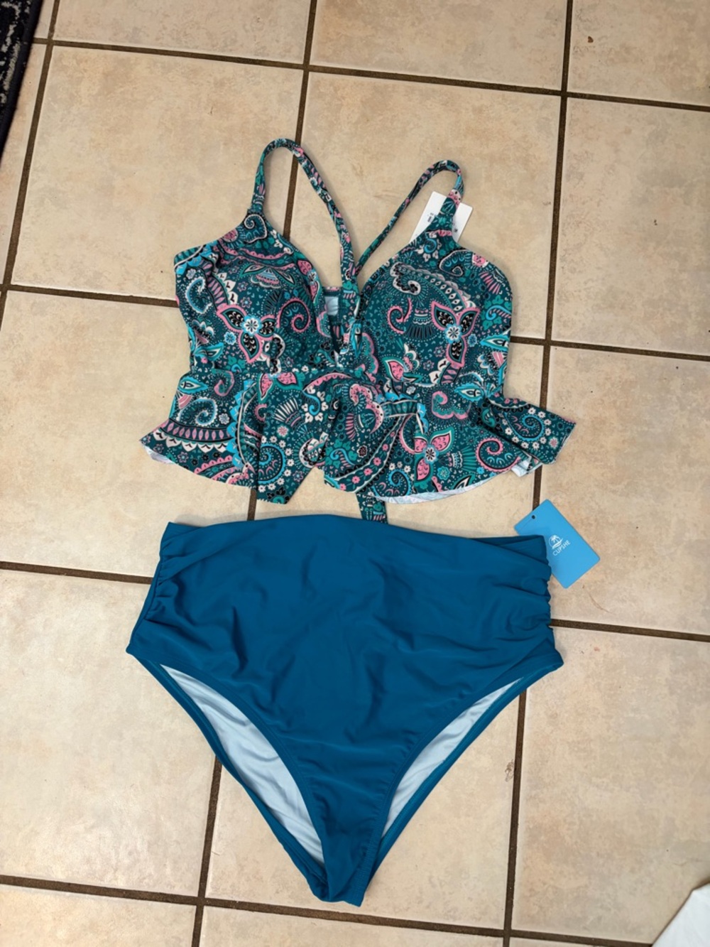 Cupshe Teal Paisley Peplum Tankini with Teal High Waist Bottoms